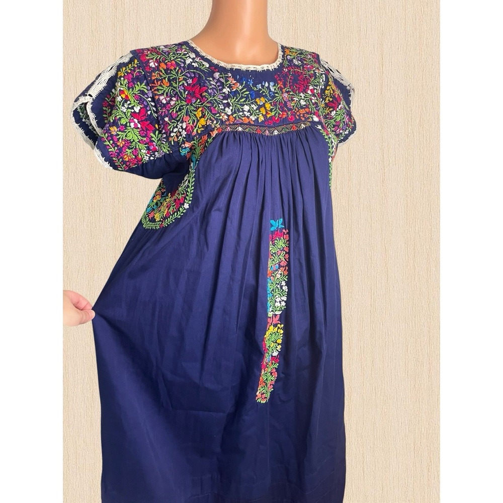Vtg Blue Cotton Oaxacan Mexican Huipil Dress Hand Made, Embroidered Floral Dress